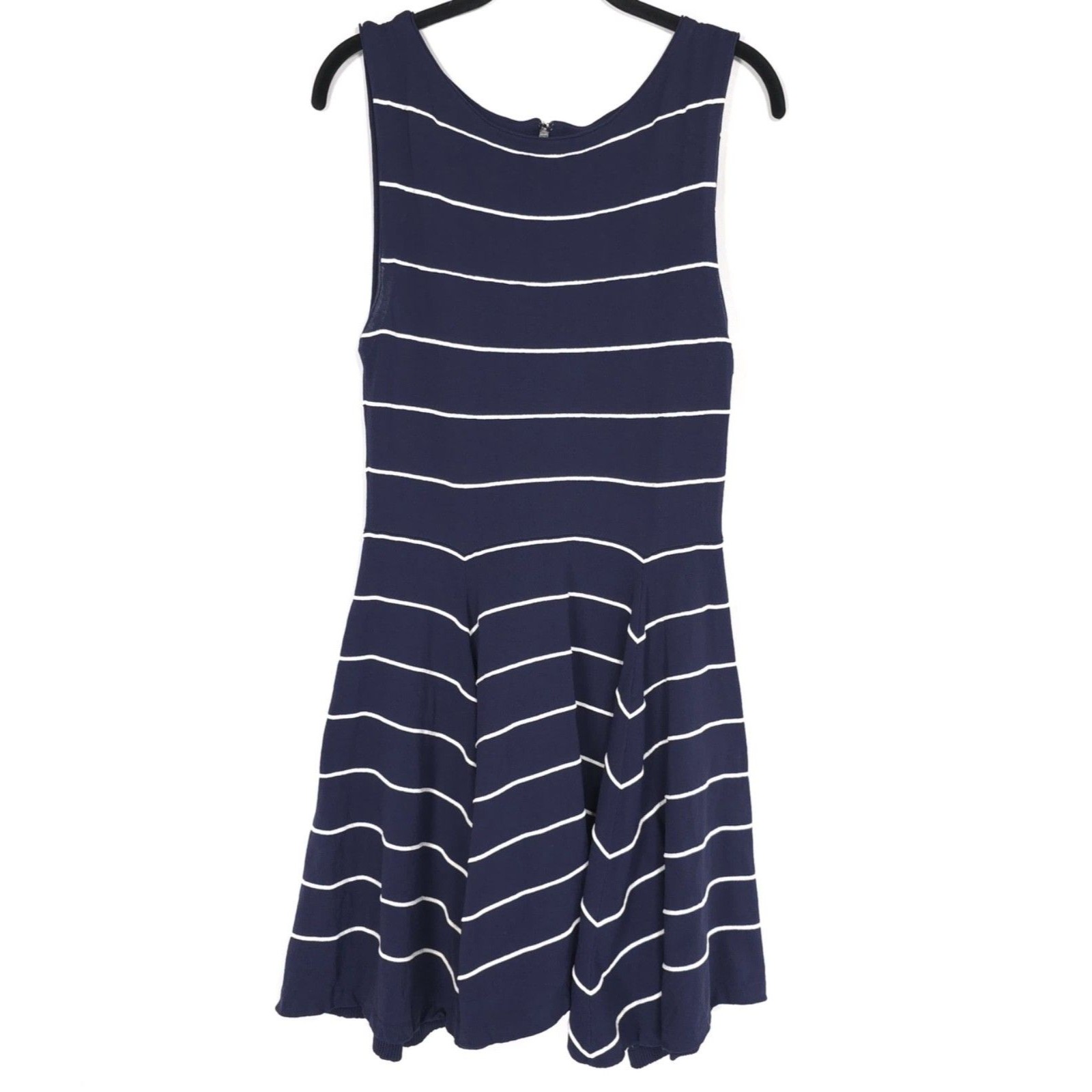 Alice + Olivia Navy Striped Knit Flare Dress Sleeveless Zip Back Large